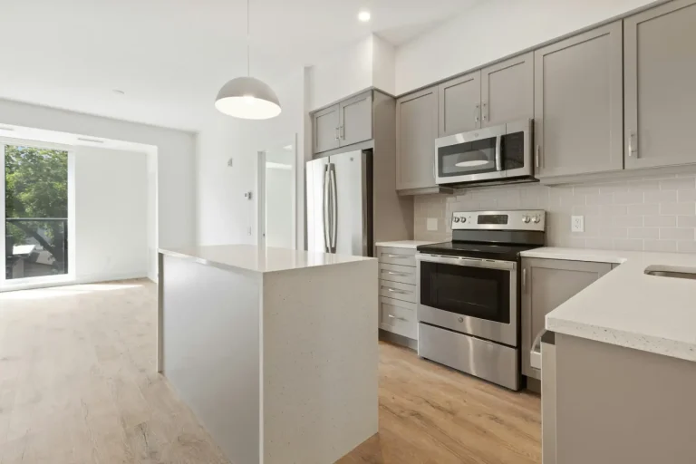 Open kitchen with grey shaker cabinets, stainless appliances and a quartz island, with daylight coming from the living area